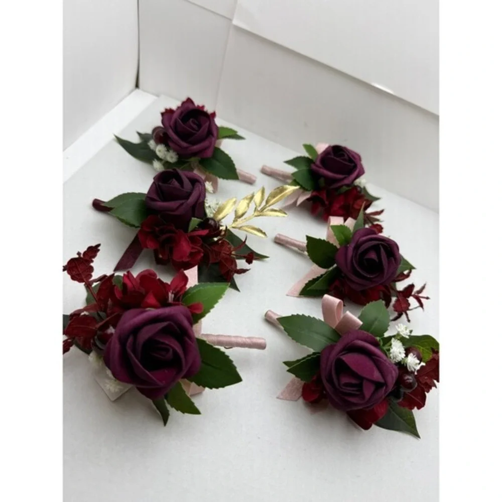 6pc Burgundy Plum‎ Rose Boutonniere Set Wedding Groomsmen Gold Leaf Silk Flowers